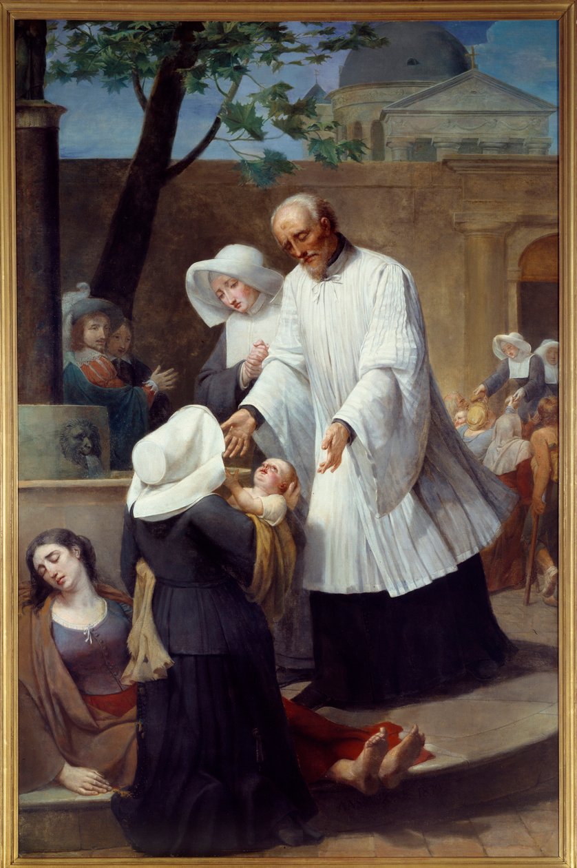 農民の世話をする聖ヴィンセント・ド・ポール（1581～1660年）（St Vincent de Paul Helping the Plague Ridden）。アントワーヌ・アンシオー（1764-1840）による絵画。ナント、美術博物館 作： アントワーヌ・アンショー