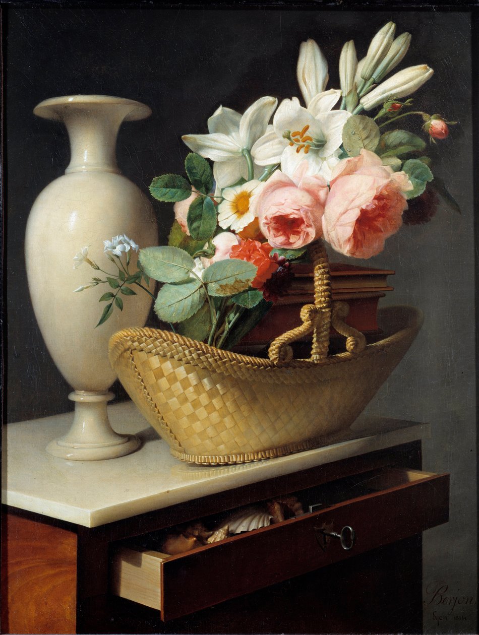 ボロ布の上に置かれたバスケットの中のユリとバラの花束 アントワーヌ・ベルジョン（1754-1843）による絵画 1814年 日。0,66x0,49 m . 作： アントワーヌ・ベルジョン