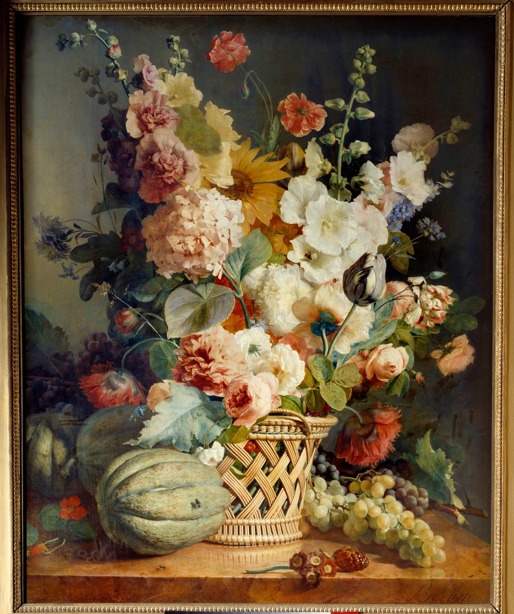 籐のかごの中の花と果物。アントワーヌ・ベルジョンによる絵画