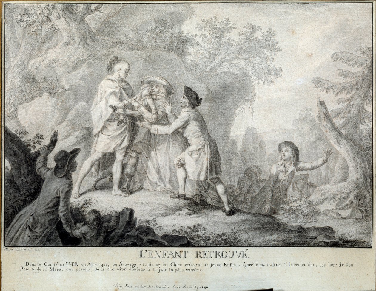 子供が見つけたイラストは、Saint John de Crevecoeurの「Letters of an American Farmer」です。アントワーヌ・ボレル（1743-1810）によるリトグラフ 1783年頃。ブレランクールフランコ・アメリカン美術館 作： アントワーヌ・ボレル