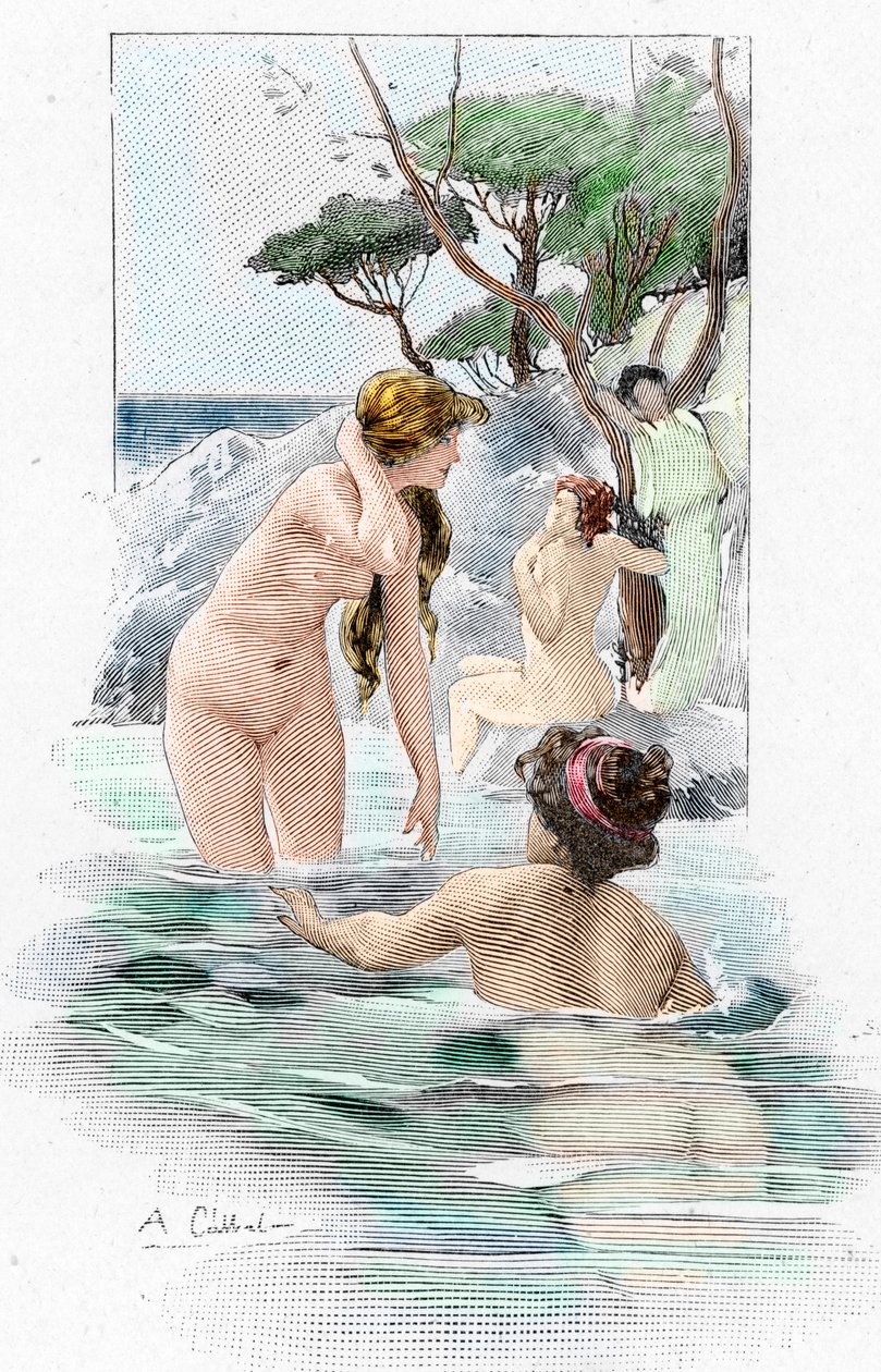 Homeren Odyssee: "Nausicaa, kuningas Alcinousin tytär ja hänen palvelijatonsa pesemässä vaatteitaan joessa" Antoine Calbetin (1860-1944) kuvitus kreikkalaisen runoilijan Homeren "Odysseia" (Homerin Odysseia) 1897 Yksityinen kokoelma 作： アントワーヌ・カルベ