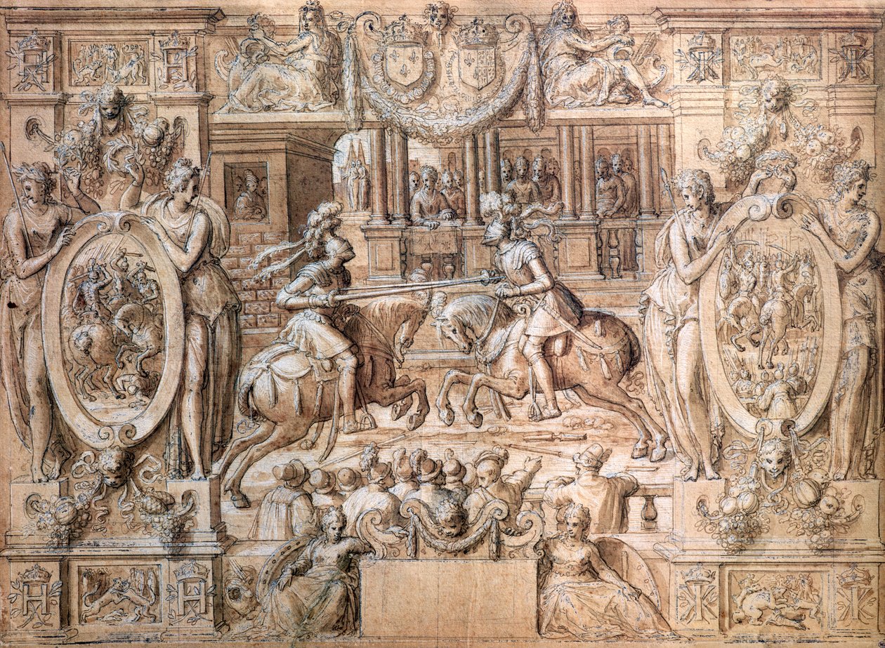 1533年のキャサリンデメディチ（1519-89）とアンリII（1519-59）の結婚の機会に関するトーナメント（紙にペンで記入） 作： アントワーヌ・キャロン