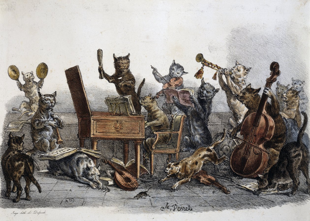 アマチュア・コンサート、楽器を演奏する猫の風刺画、Carle Vernet（1758-1836）のエングレーヴィング、フランス 作： アントワーヌ・チャールズ・ホレス・ヴェルネ