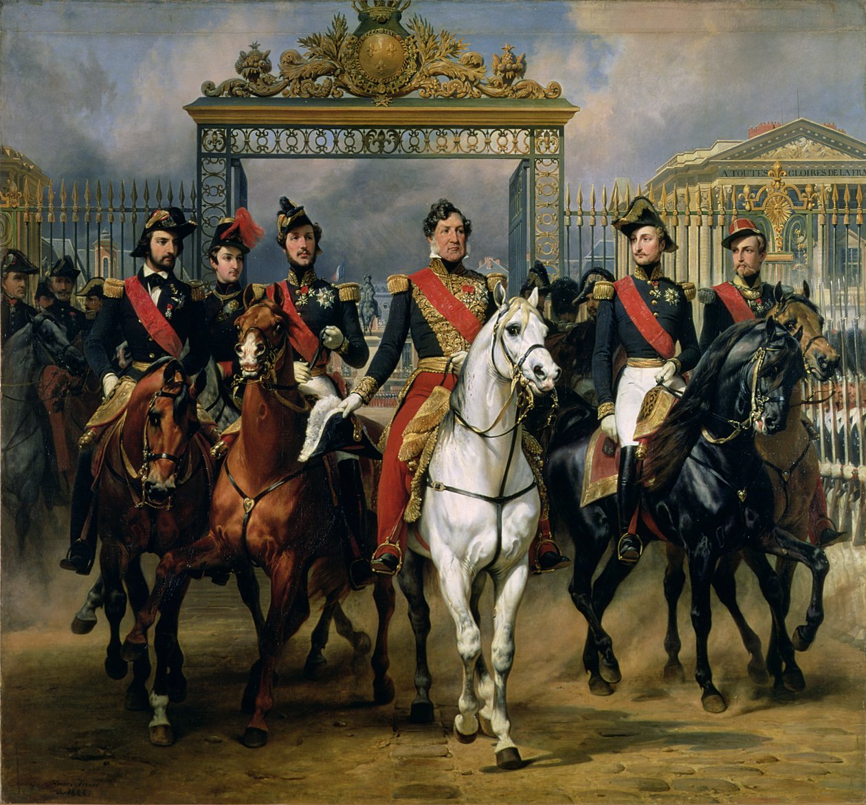 フランスのルイフィリップ王（1773-1850）とその息子たちがヴェルサイユ宮殿を馬に乗って出ました。1846年 作： アントワーヌ・チャールズ・ホレス・ヴェルネ