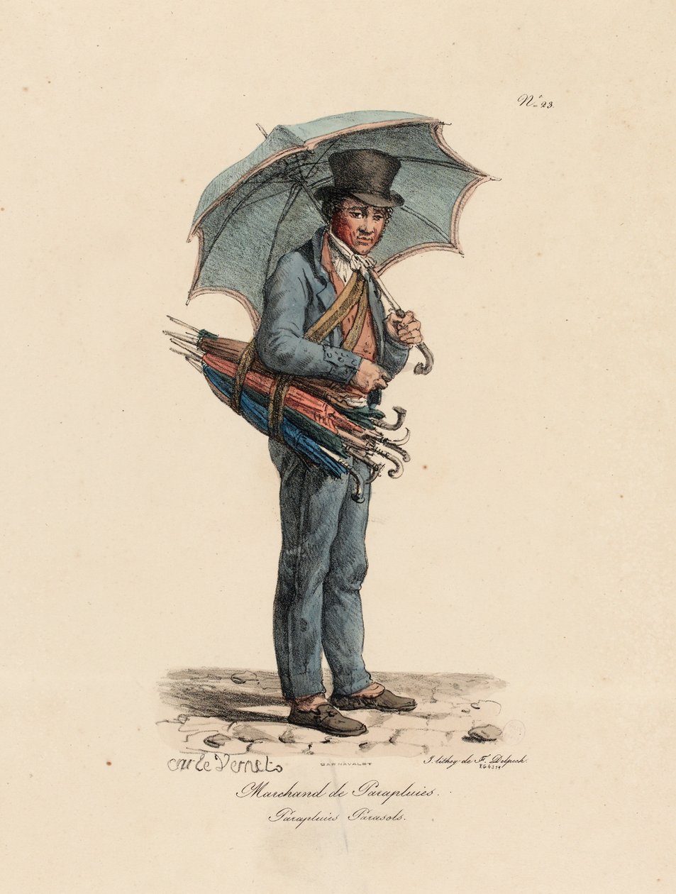 傘とパラソルの売り手、パリの叫びシリーズの23番、フランソワセラフィンデルペック（1778-1825）が刻印 作： アントワーヌ・チャールズ・ホレス・ヴェルネ