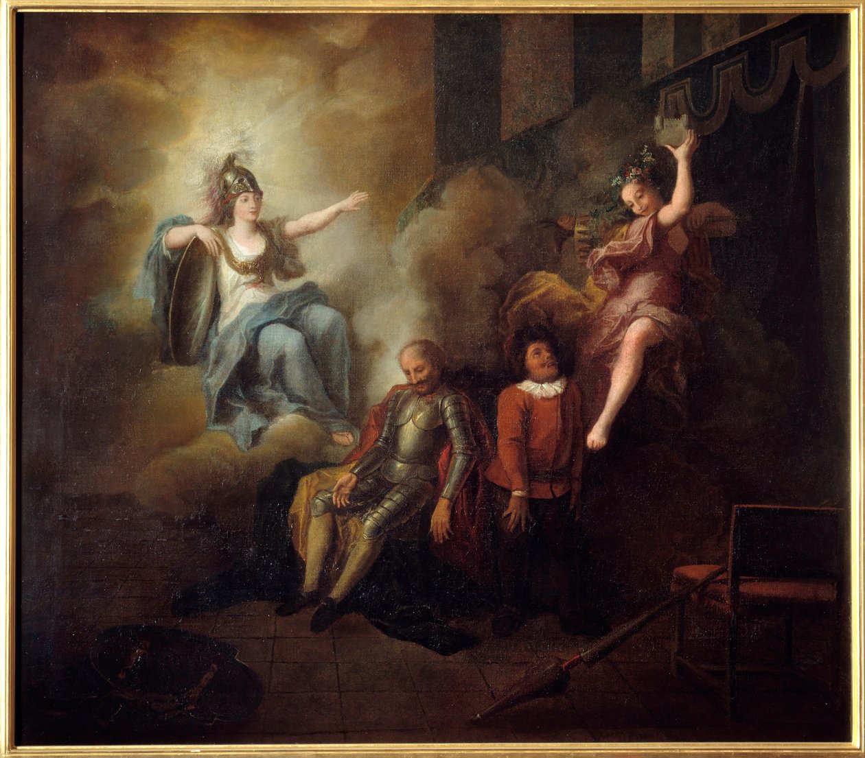 ドン・キホーテは「知恵」によって狂気を喜ばせる。ミゲル・デ・セルバンテス・サアベドラ（1547-1616）の「ラ・マンチャの独創的な紳士ドン・キホーテ」。シャルル・アントワーヌ・コイペル（1694-1752）による絵画、1714年から1734年の間。キャンバスに油彩。寸法：1,24 x 1,42m。構成 作： アントワーヌ・コイペル