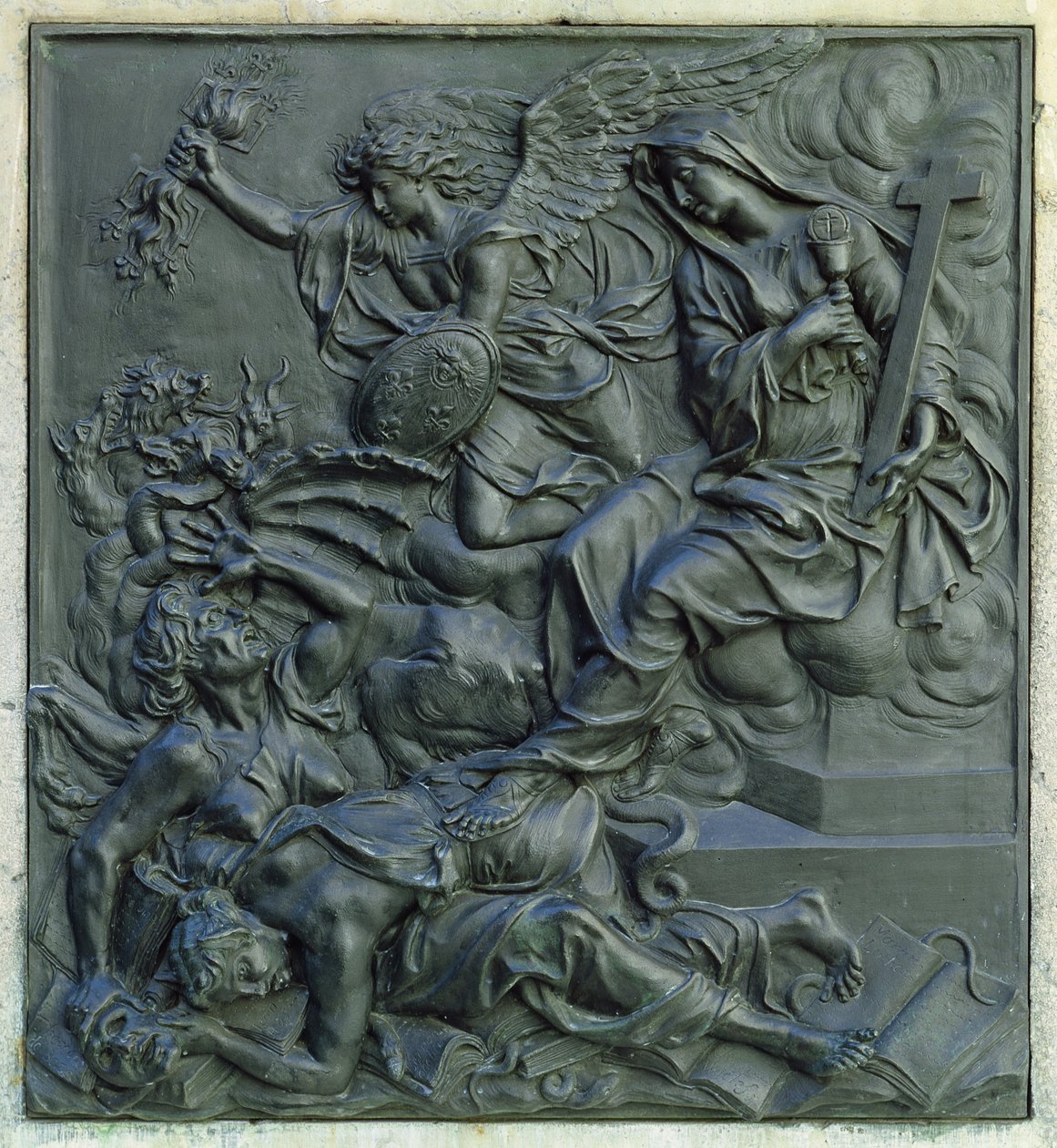 異端者を追放するフランスの天使、ルイ14世の像の台座からの詳細、c.1687（ブロンズ） 作： アントワーヌ・コワズヴォ