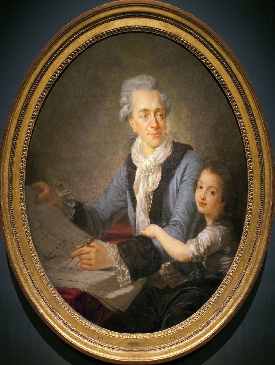 クロード・ニコラ・ルドゥー（1736-1806）とその娘アデレードの肖像。(ルドゥーが手にしているのは、この理想都市の野心的な計画が未完に終わった工業都市アルク・エ・セナン（フランシュ・コンテ）の長官の家の設計図である）。 作： アントワーヌ・フランソワ・カレット