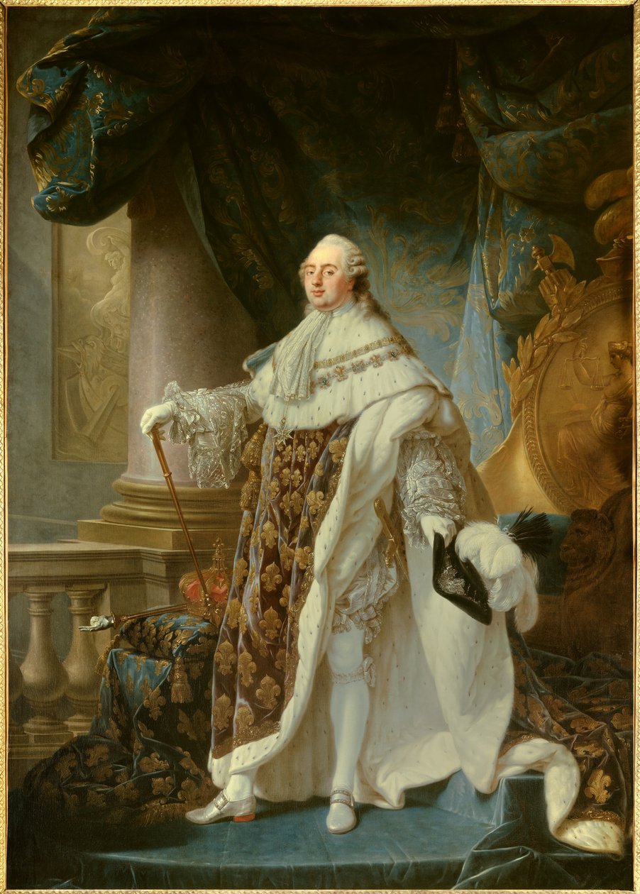 Portrait en pied du roi de France Louis XVI (1754-1793), wearing the great royal costume in 1779 Painting by Antoine Francois (Antoine-Francois) Callet (1741-1823) 1779 Dim.2,7x1,89 m - - フランス国王ルイ16世（1754-1793）の戴冠式での肖像 作： アントワーヌ・フランソワ・カレット