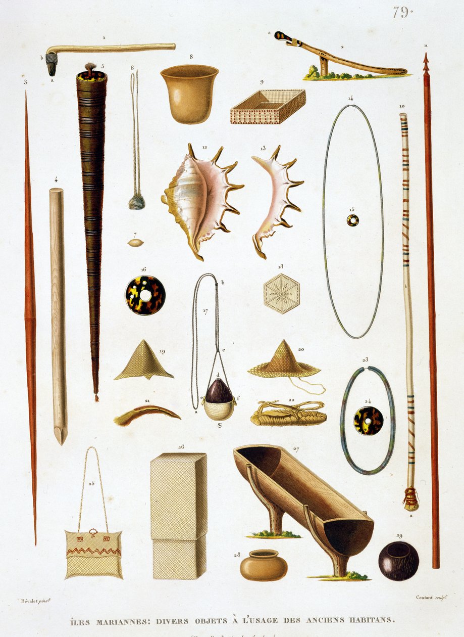 マリアーナ諸島の家庭用品と武器、ヴォヤージュオートゥールデュモンド（1817-20）、ルイクロードデザルスドフレシネ（1779-1842）、ジャンルイデニスクータン（1776-1831）、p 作： アントワーヌ・ジェルマン・ベヴァレット
