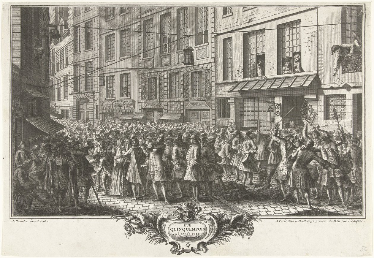 Rue Quinquempoix、1720年から 1720年のQuinquempoix通り（オブジェクトのタイトル） Het Groote Tafereel der Dwaasheid (シリーズタイトル) 作： アントワーヌ・フンブロット