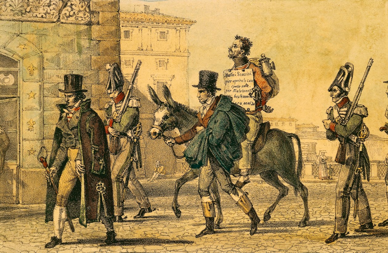 ロバに乗って街を練り歩くという罰を受けたジャン＝バティスト＝アントワーヌ・トーマス（1791-1833）のリトグラフ（『ローマの人々』より）。 作： アントワーヌジャンバプティストトーマス