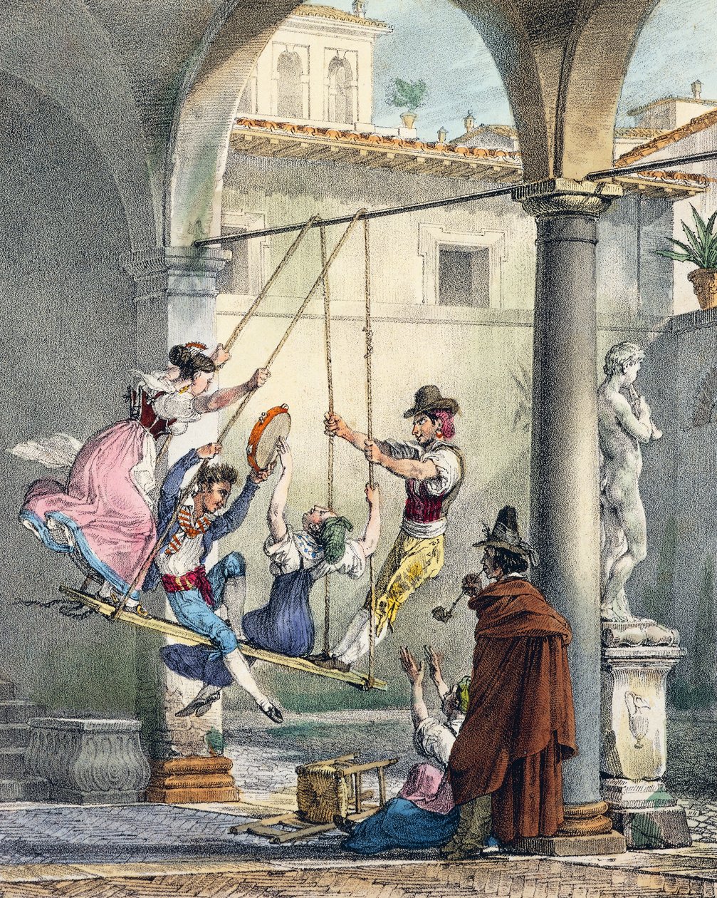 アントワーヌ・ジャン・バティスト・トマ（1791-1834）のエングレーヴィング『ローマとその周辺での一年』（フランス）より「ブランコ」。 作： アントワーヌジャンバプティストトーマス