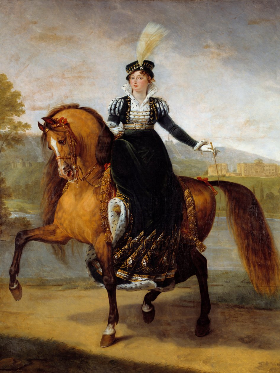 ジェローム・ボナパルトの妻でウェストファリアの女王（1783-1835）であるカトリーヌ・オブ・ヴュルテンベルクの騎馬像。アントワーヌ・ジャン・グロ（1771-1835）による絵画 作： アントワーヌ・ジャン・グロ