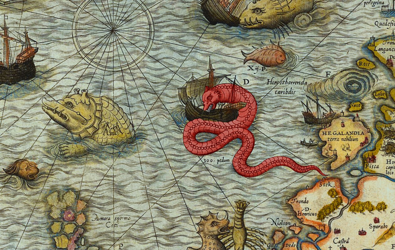 オラウス・マグヌス（1490-1557）作 海の地図（Carta marina）の詳細 作： アントワーヌ・ラフリー
