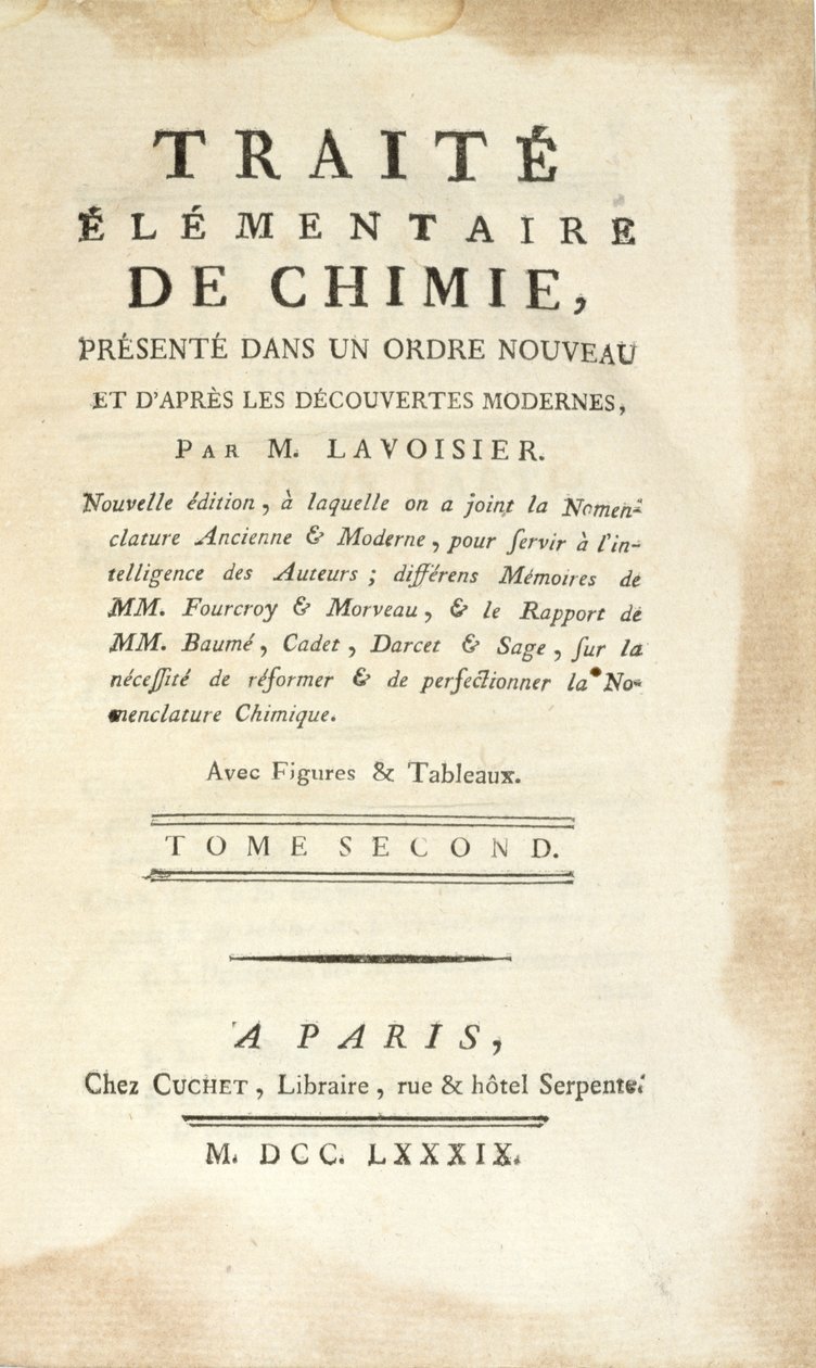 Traite Elementaire de Chimie、Tome IIのタイトルページ、1789年パリ発行（印刷） 作： アントワーヌ・ローラン・ド・ラヴォワジエ