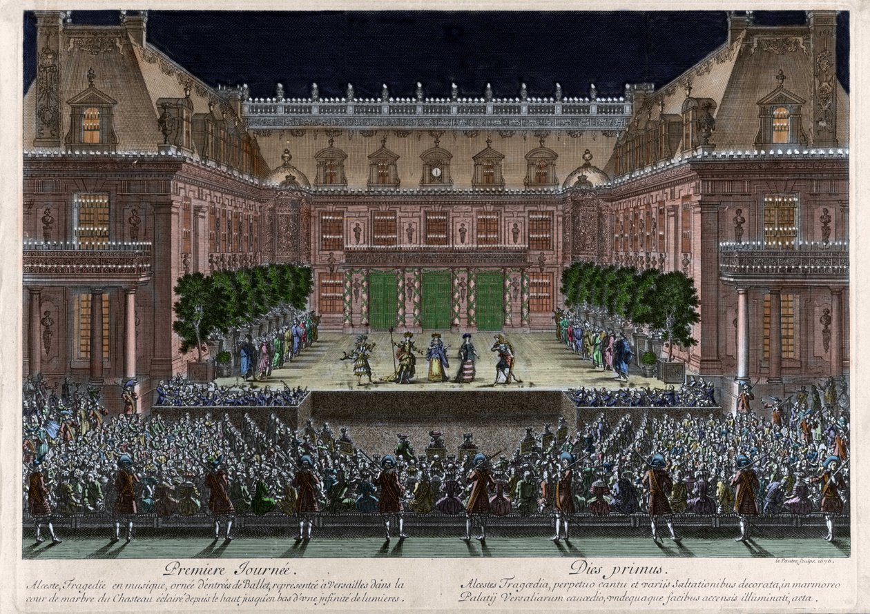 Darstellung im Marmorhof des Schlosses von Versailles, „Alceste“ von Jean Baptiste Lully (Giovanni Battista Lulli) (1632-1687) für die Feierlichkeiten anlässlich der Eroberung der Franche-Comté (1674). Gravur von Le Pautre von Antoine Le Pautre