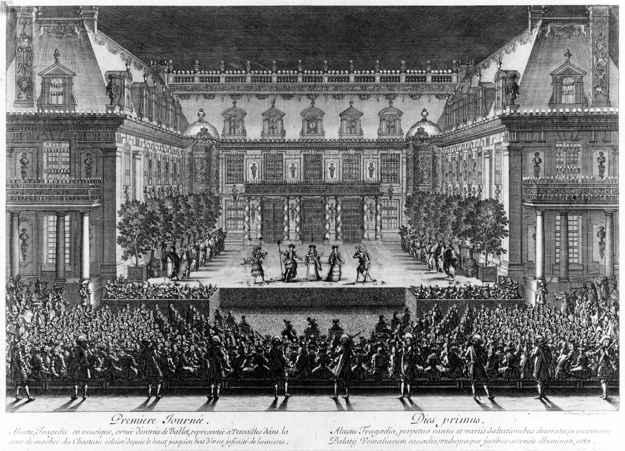 Darstellung im Marmorhof des Schlosses von Versailles von „Alceste“ von Jean Baptiste Lully (Giovanni Battista Lulli) (1632-1687) für die Feierlichkeiten anlässlich der Wiederbelebung der Franche Comté (1674). Gravur von Le Pautre (16 von Antoine Le Pautre