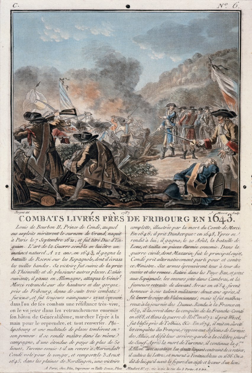 フライブルク近郊の戦闘、1643年、ジャンバプティストモレット（fl.1790-1820）、1787年（カラーリソ）によって彫刻 作： アントワーヌ・ルイ・フランソワ・セルジェント・マルソー
