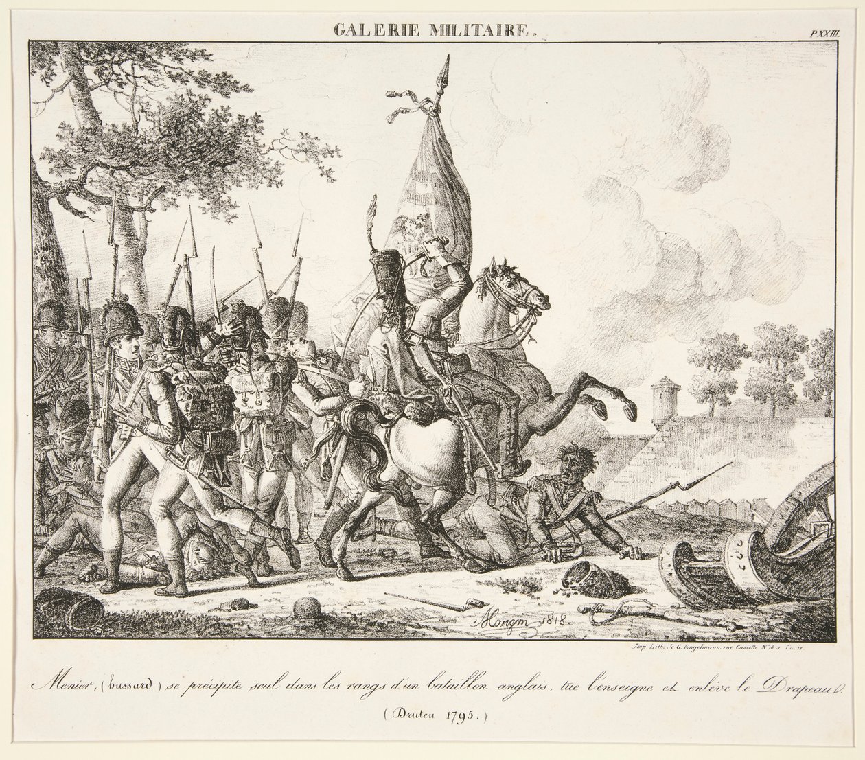 Menier (Hussar) はイギリス大隊の前線に一人で飛び込み、少尉を殺し、旗を奪う (Druten, 1795) 作： アントワーヌ・ピエール・モンギン