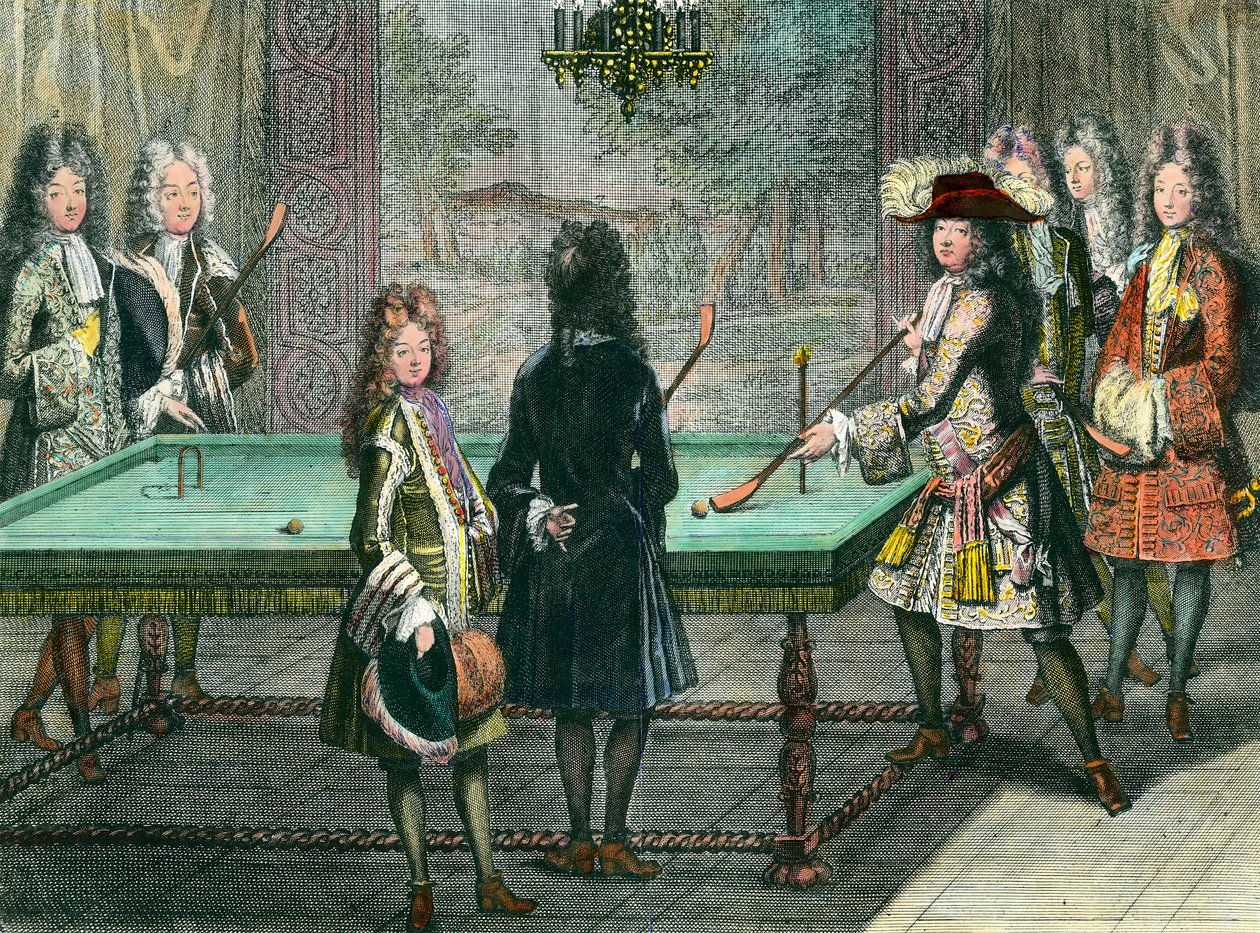 国王ルイ14世（1638年-1715年）が、フィリップ・デュク・ドルレアン（1640年-1701年）とビリヤードをしている様子。アントワーヌ・トルヴェイによるエングレーヴィング 作： アントワーヌ・トルヴァン