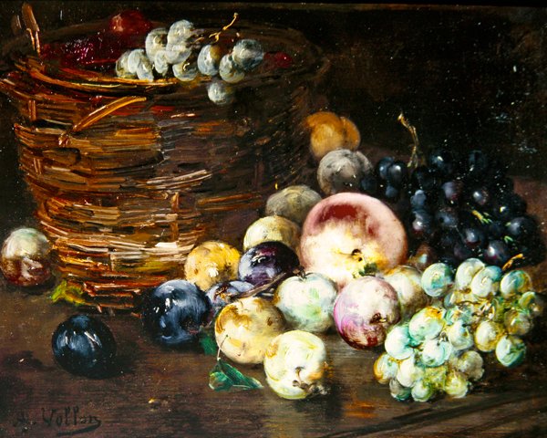 テーブルの上の果物入りバスケットの静物画、1870年頃（油彩・キャンバス） 作： アントワーヌ・ヴォロン