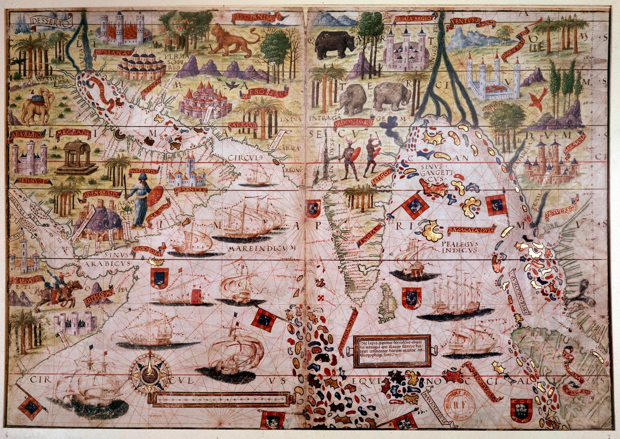 インドのポルトガルの航海地図。 1519 年にピエールとジョルジュ ライネル、ロポ オメン (地図製作者)、アントワーヌ ド オランド (細密画家) によって作成されたアトラス ミラー写本のページ。 16世紀。 パリ、B.N. 作： アントワーヌ・ド・オランド