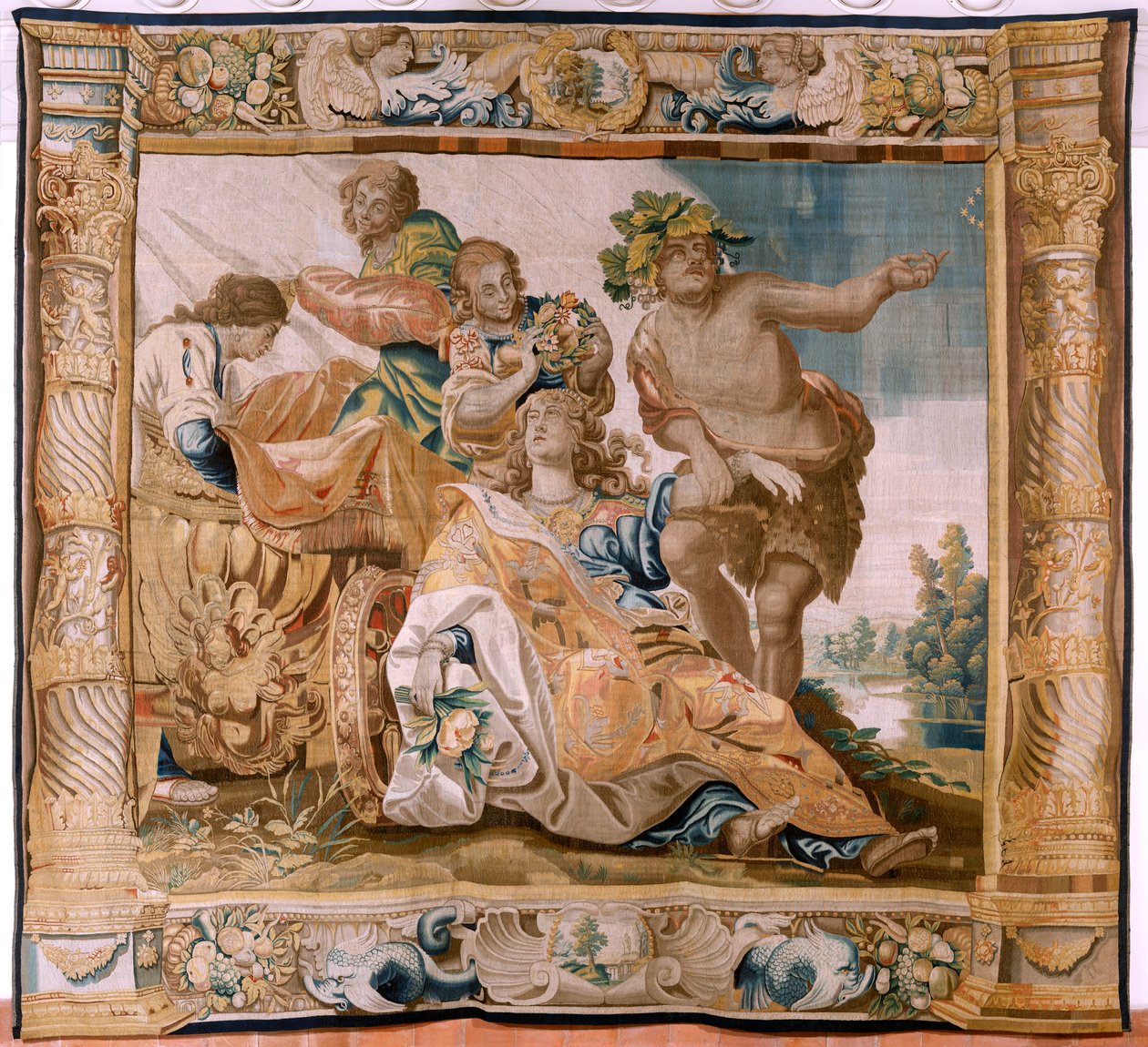 Flämische Tapisserie. Serie Geschichte des Theseus. Bacchus nimmt Ariadne zur Frau. Neunter Wandteppich in der Serie. Modell Anthonis Sallaert. Herstellung Jan Raes der Jüngere, Brüssel. Ca 1630. von Antoine or Anthonis Sallaert