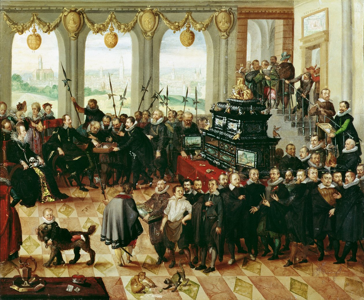 1617年のポメラニアシュテッティン（1606-18）のフィリップ2世へのポメラニアンクンストシュランクの贈呈（パネル） 作： アントン・モーツァルト
