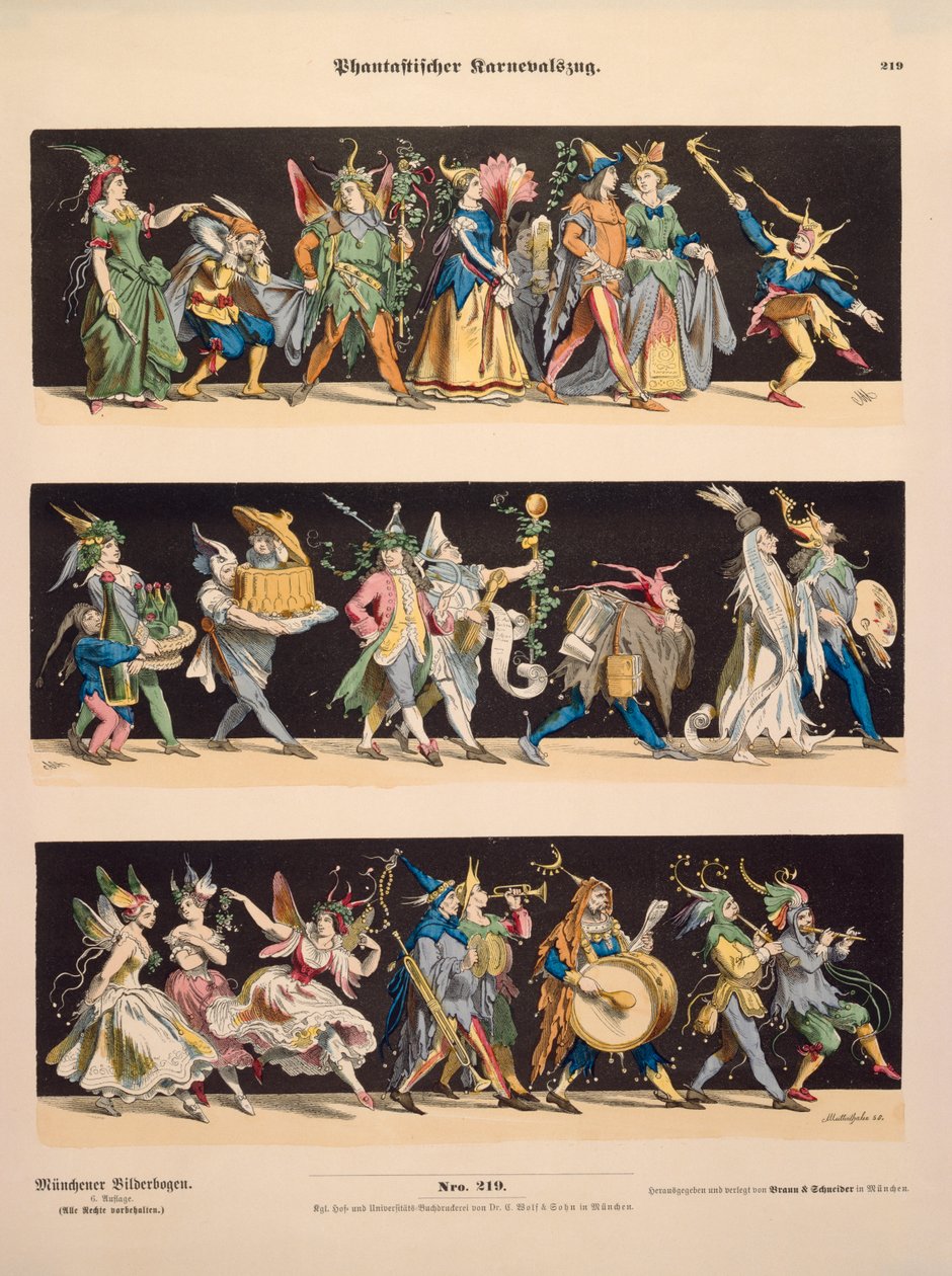 ミュンヒナービルダーボーゲンの空想的なカーニバルの行列、ブラウン＆シュナイダー発行、1868年 作： アントン・ミューテンターラー