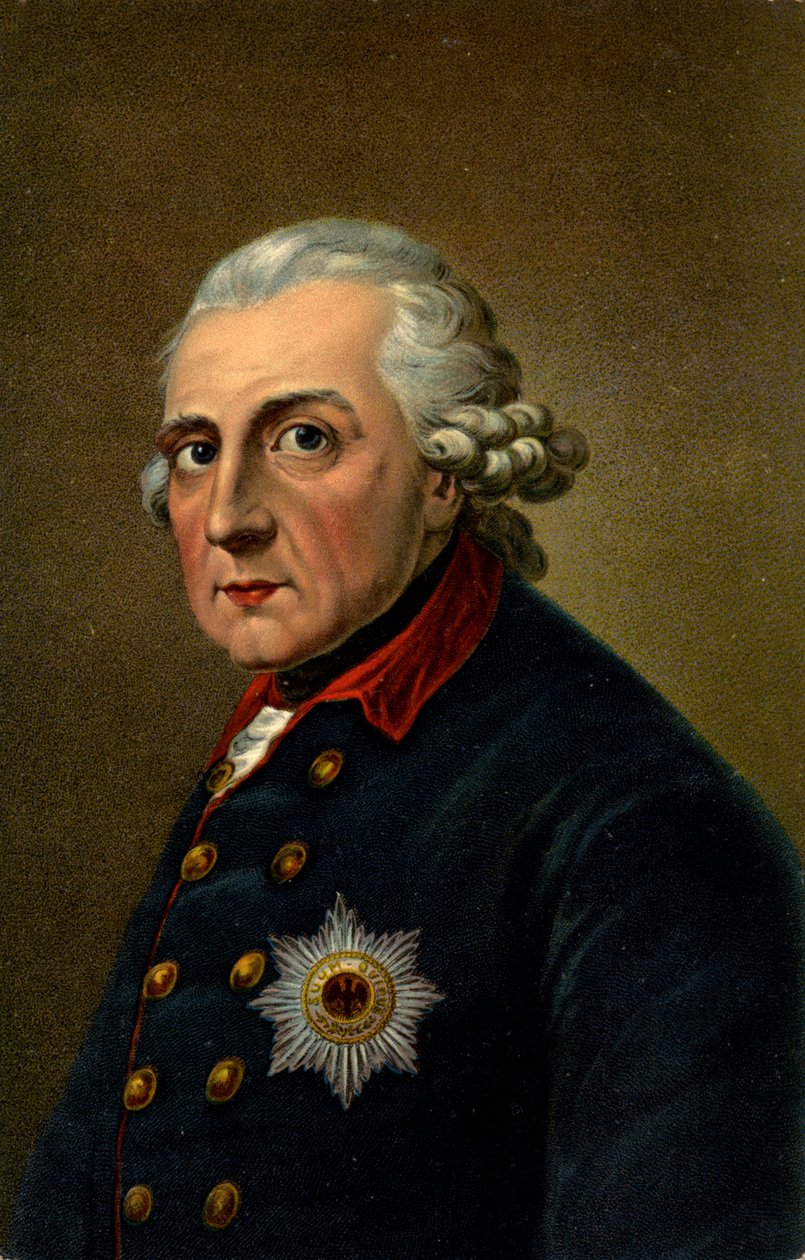 History. Germany. Frederick II the Great. Illustration inspired from a portrait by Anton Graff (1780), Germany, c.1900 (postcard)   1438734   ja       japanese Successfully Translated  Original: Matsuchiyama, SanYa Moat, Night Scene (colour woodblock print 作： アントン（後）グラフ