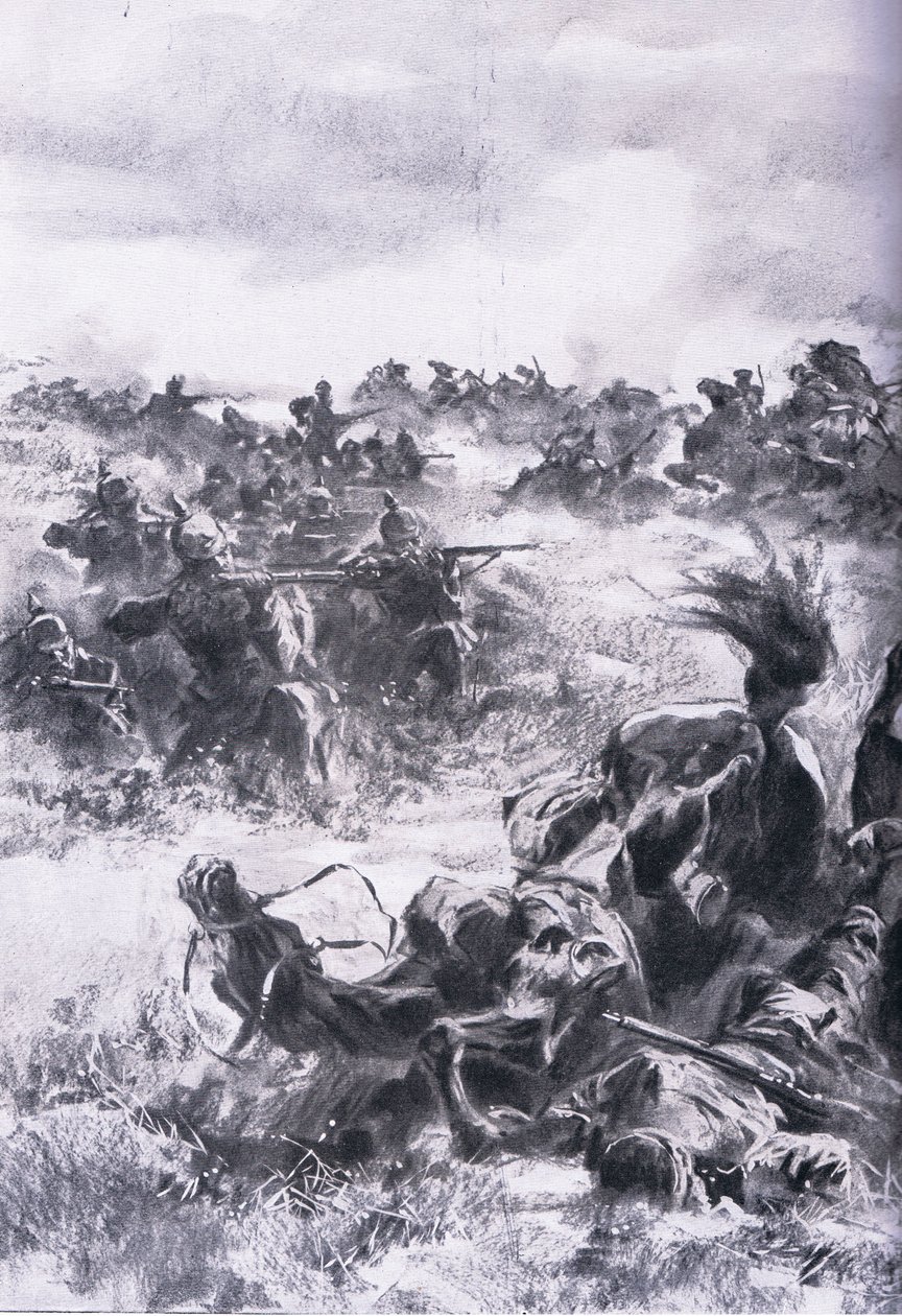 Praszyszでのロシア第14騎兵旅団の敗北（Union Berlagsefellfchaft発行「The Illustrated History of the World War 1914-1915」より）。 作： アントンホフマン