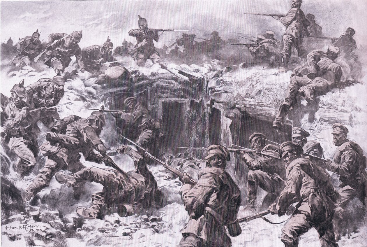シレジア軍、プロシア軍、帝国ドイツ軍によるモスクワ擲弾兵団の敗北（『図説 世界大戦史1914-1915』（ユニオン・ベルラグゼフェルシャフト刊）より）。 作： アントンホフマン