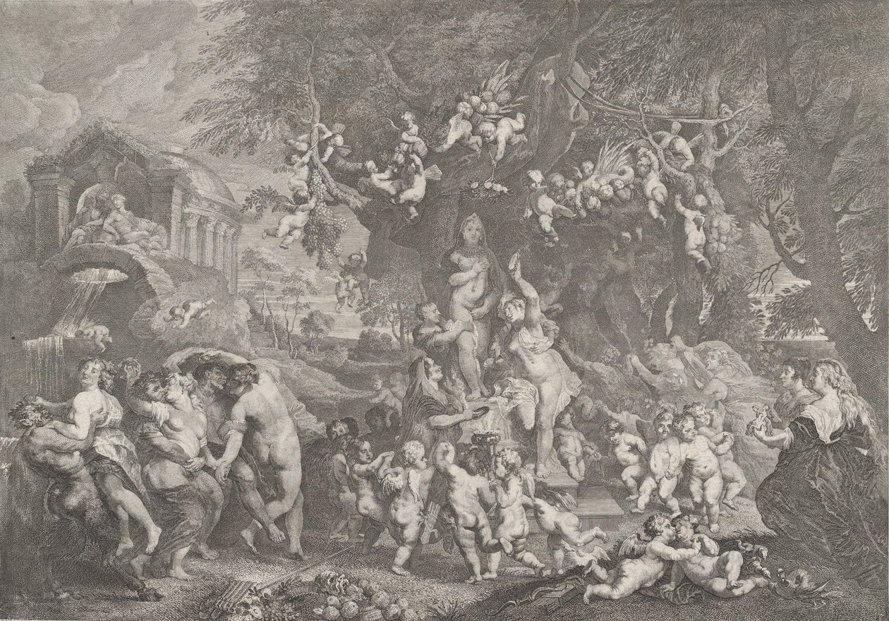ヴィーナスの饗宴、サテュロス、ニンフ、プティのグループがヴィーナスの像の周りで踊る...、1732 年。 作： アントンジョセフフォンプレナー
