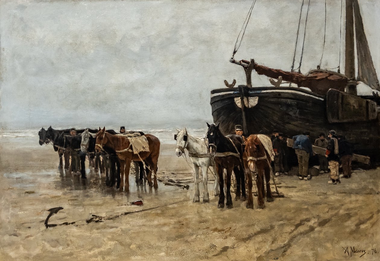 オランダ語：Bomschuit with Tow Horses on Scheveningen Beach シェベニンゲンビーチで曳き馬をする漁船 作： アントン・モーブ