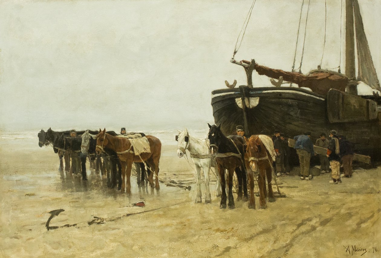 オランダ語：Bomschuit with Tow Horses on Scheveningen Beach シェベニンゲンビーチで曳き馬をする漁船 作： アントン・モーブ