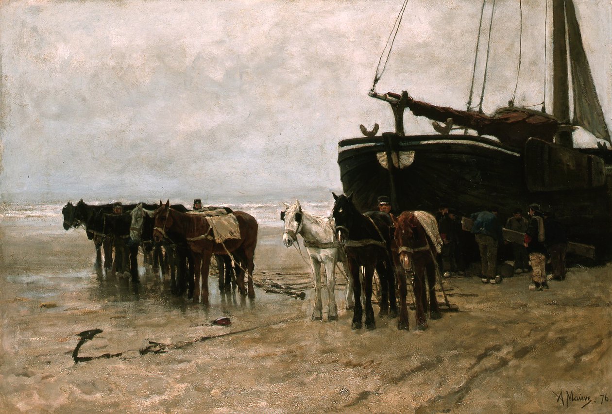 オランダ語：Bomschuit with Tow Horses on Scheveningen Beach シェベニンゲンビーチで曳き馬をする漁船 作： アントン・モーブ