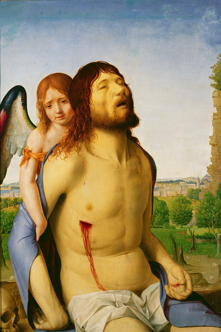 天使に支えられた死んだキリストc.147578 作： アントネロ・ダ・メッシーナ