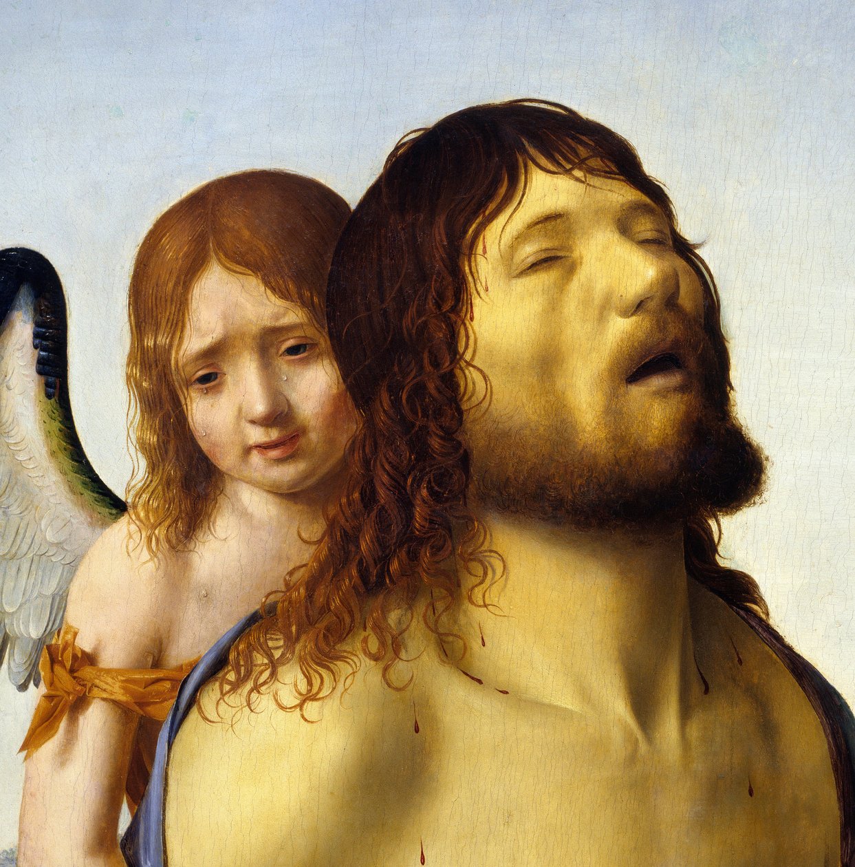 アントネッロ・ダ・メッシーナ（1430-1479）の絵画「天使に支えられた死せるキリスト」の詳細 1476-1479日。0,74x0,51 m マドリッド、プラド美術館 作： アントネロ・ダ・メッシーナ