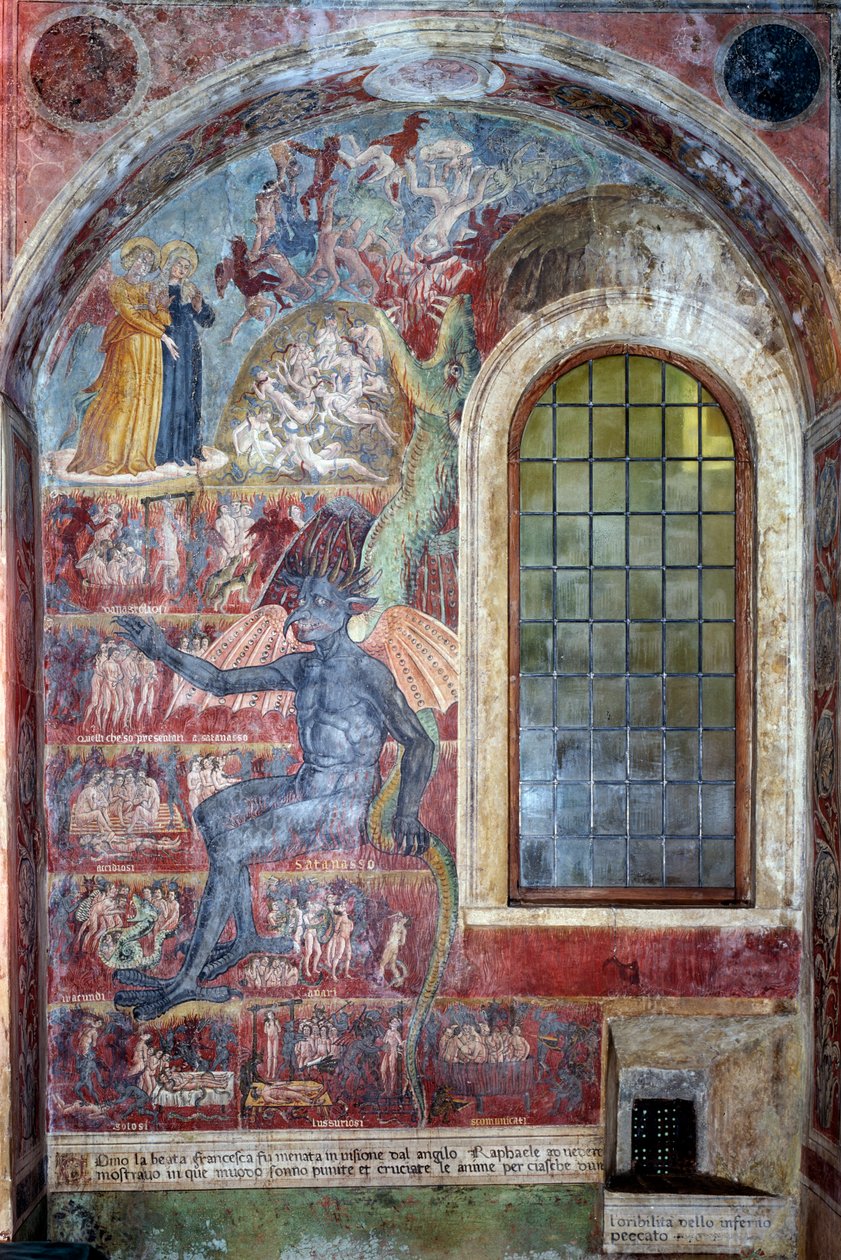 地獄を表現したもので、悪魔は様々な呪文の輪の中に座っている（Fresco 作： アントニアッツォロマーノ