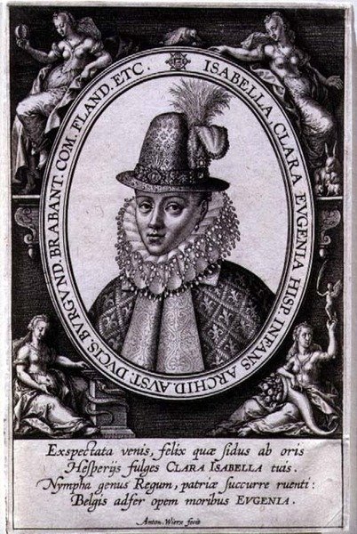 オーストリア大公アルベルト（1559-1621）の妻、イザベラ・クララ・オイゲニア・オブ・オーストリア（1566-1633）の肖像（エングレーヴィング） 作： アントニー・ウィリックス