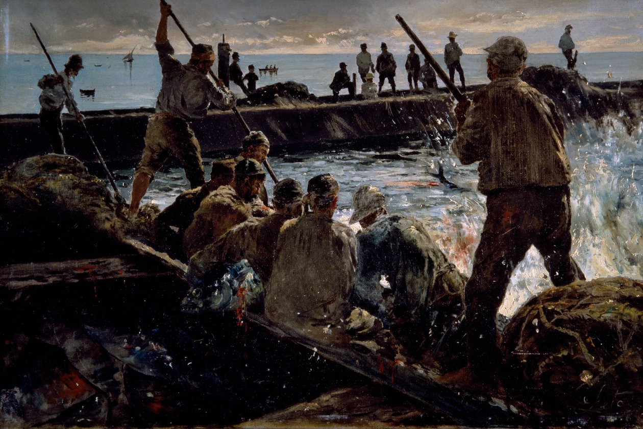 マグロの屠殺、アントニノ・レト（1844-1913）による絵画、キャンバスに油彩、41x62 cm 作： アントニーノ・レト