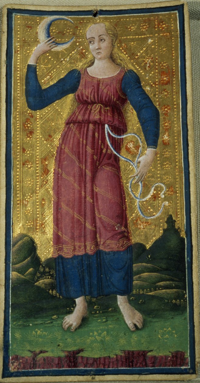 月、タロットカード、c.1490（カードにガッシュと金箔） 作： アントニオ・チコニャーラ