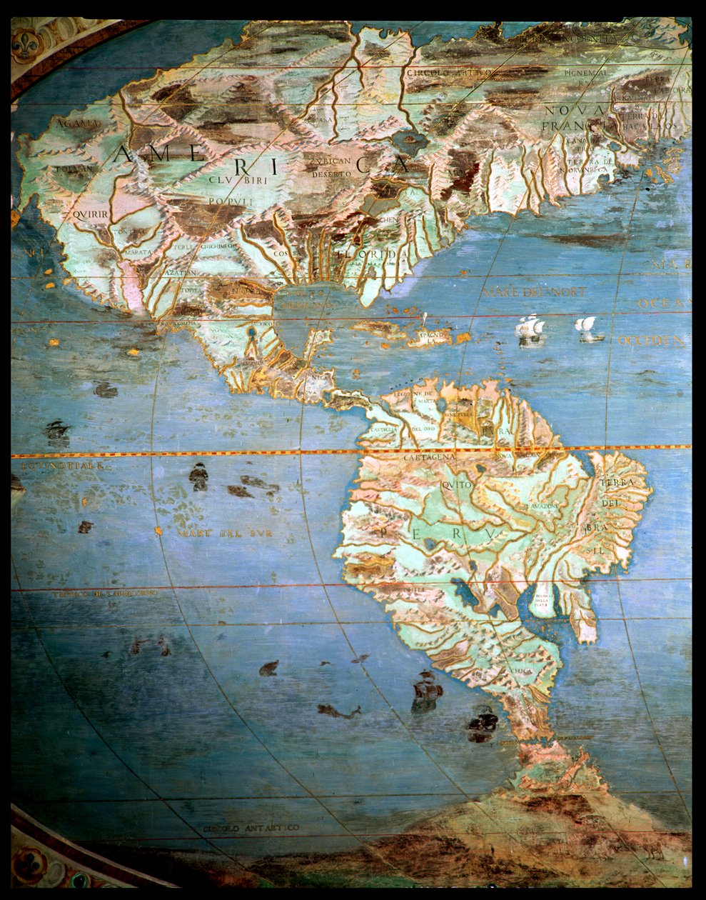 北と南アメリカの地図、「サラデルマッパモンド」（世界地図のホール）、1574-75年 作： アントニオ・ジョヴァンニ・デ・ヴァレーゼ
