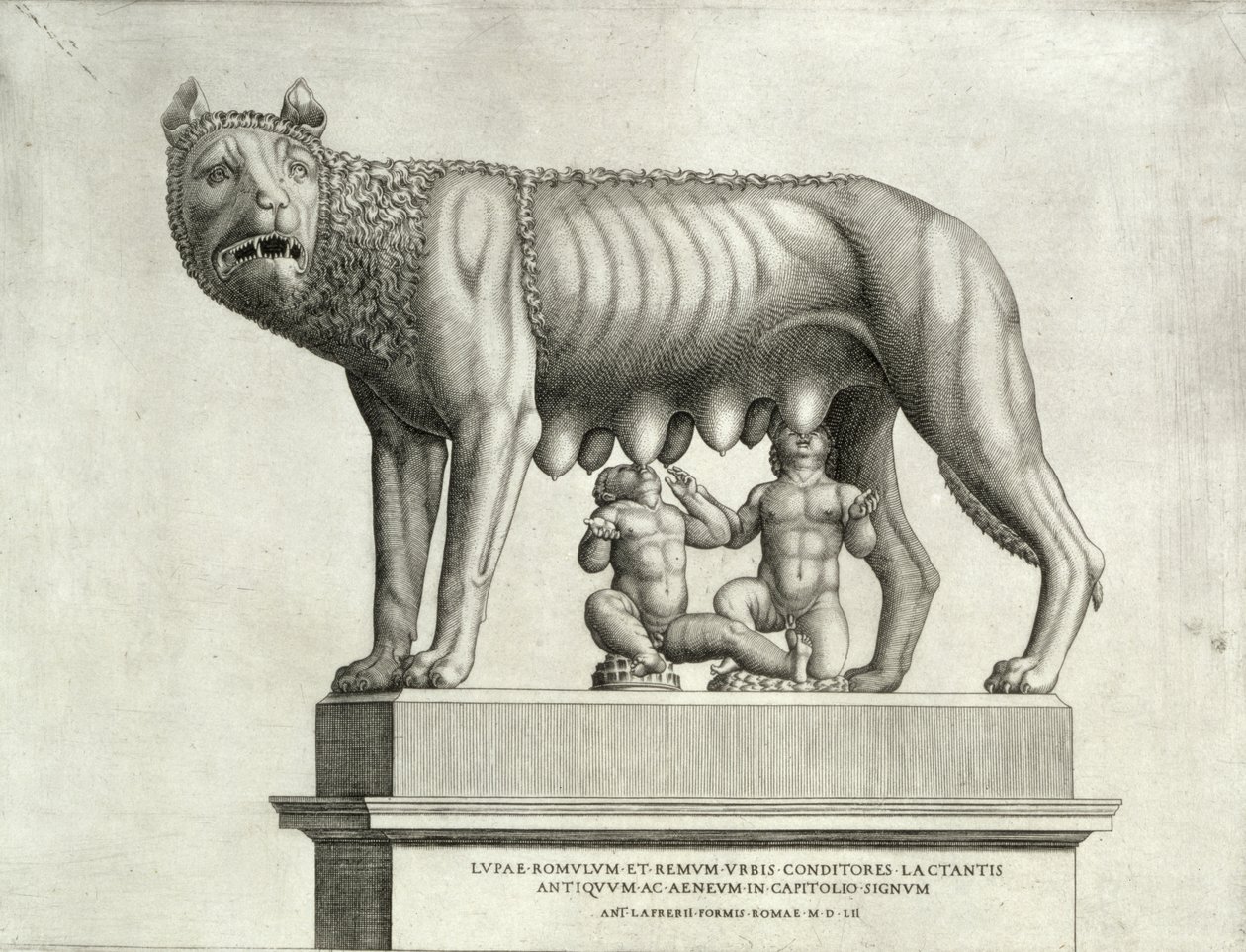 1552年のカピトリーノ美術館での、オオカミの乳を吸うロムルスとレムスのエトルリア青銅の絵、紀元前5世紀 作： アントニオ・ラフレリ