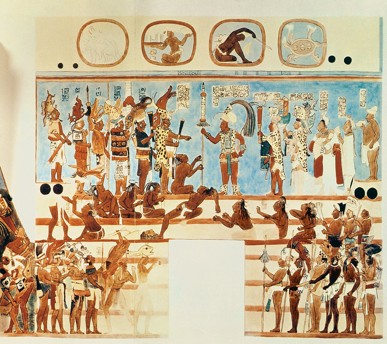 戦争の囚人を裁くマヤの司祭と貴族を描いたボナンパックの壁画のコピー 作： アントニオ・デ・テヘダ