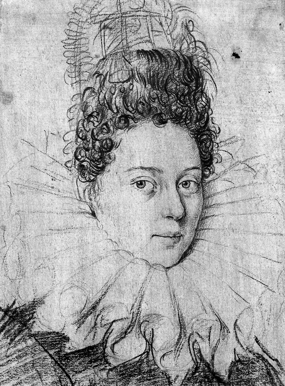 ラフを身に着け、手の込んだコアフを持った若い女性の肖像画（紙にチョークで書く） 作： アントニオ（サークル）カンピ