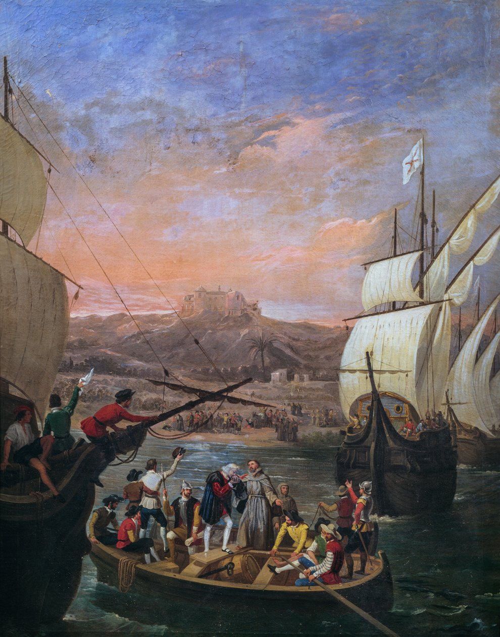 クリストファー・コロンブスのパロス・デ・ラ・フロンテーラからの1492年の出発、アントニオ・カブラル・ベハラノ（1798-1861）による絵画、詳細 作： アントニオ・カブラル・ベハラノ