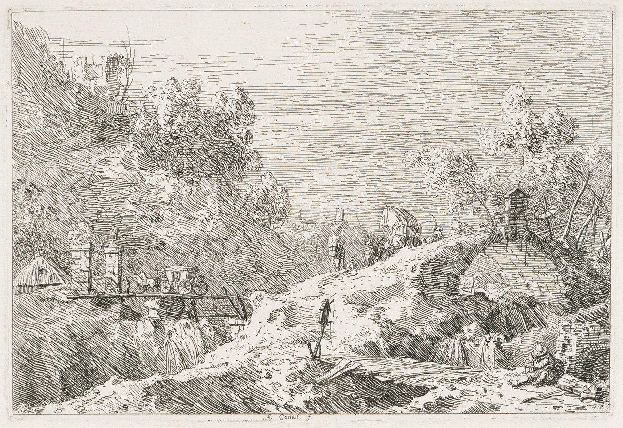 ビュー：5つの橋のある山の風景、1735-1746。 作： ジョバンニアントニオ運河（カナレット）