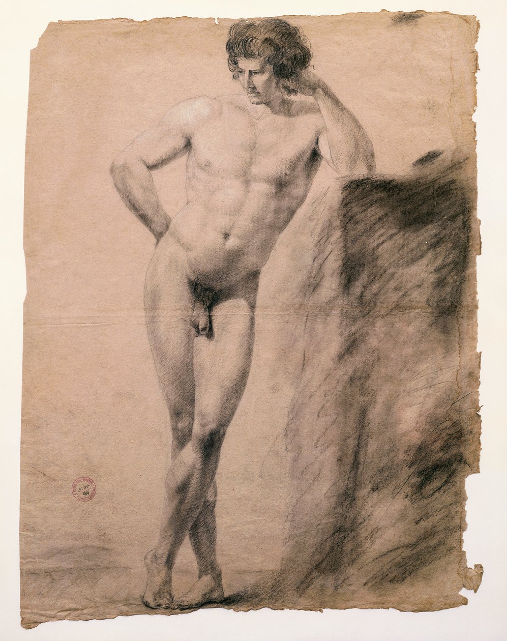 アントニオ・カノーヴァ（1757-1822）の「台座にもたれかかる男性ヌードの習作」、ドローイング 作： アントニオ・カノーヴァ